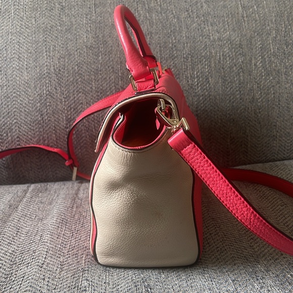 Kate Spade Color Block Coral & Tan Leather Crossbody With Top Handle Handbag - Picture 3 of 16